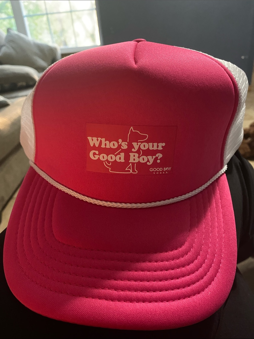 Good Boy Trucker Hat in Hot Pink with White Mesh